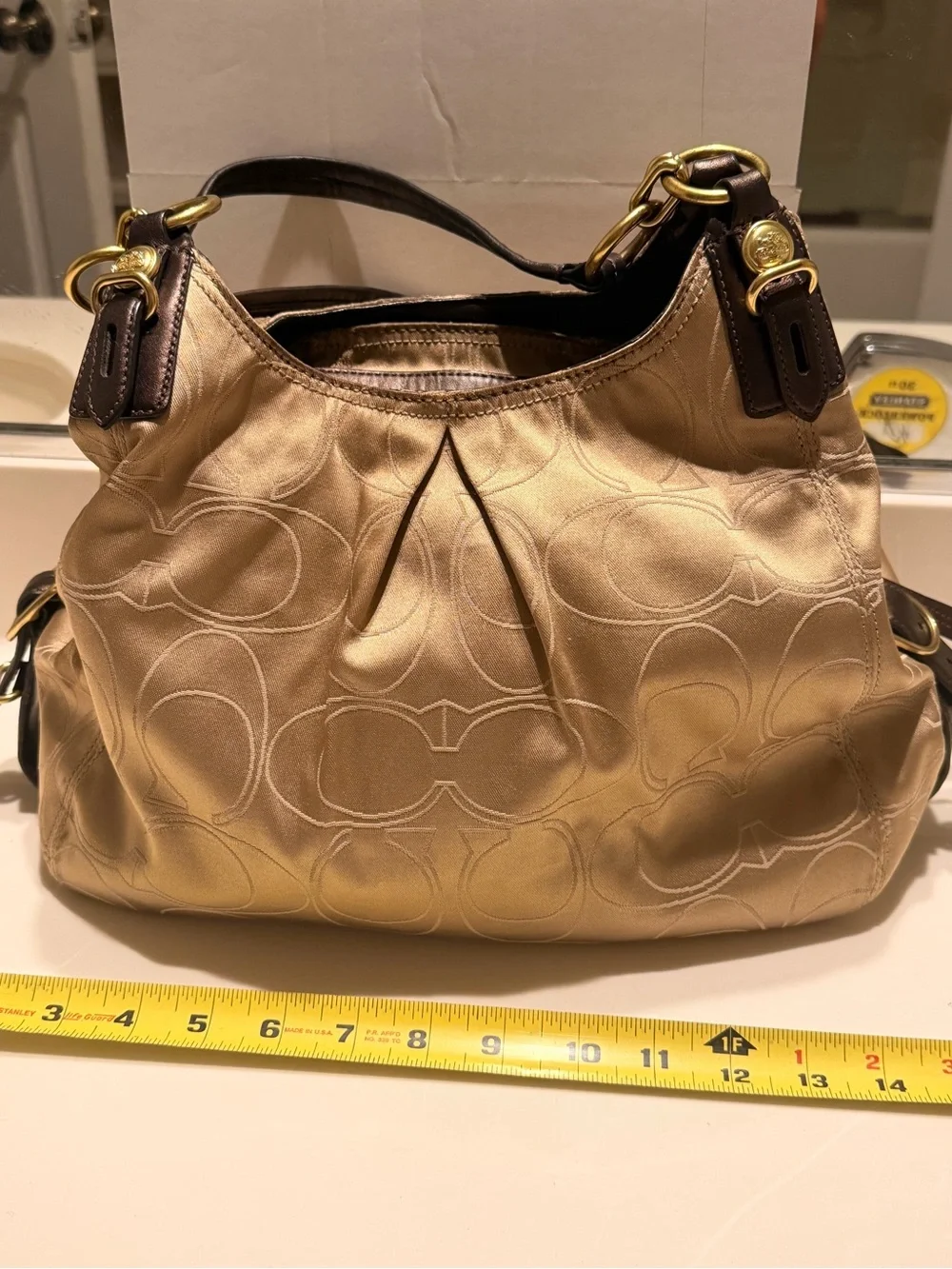Coach Gold Satin Logo Shoulder Hobo with Dark Brown Trim